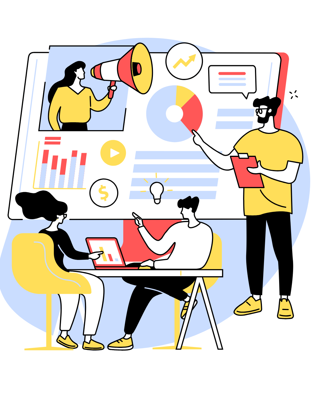 Cartoon drawn image of marketing meeting Cartoon drawn image of marketing meeting